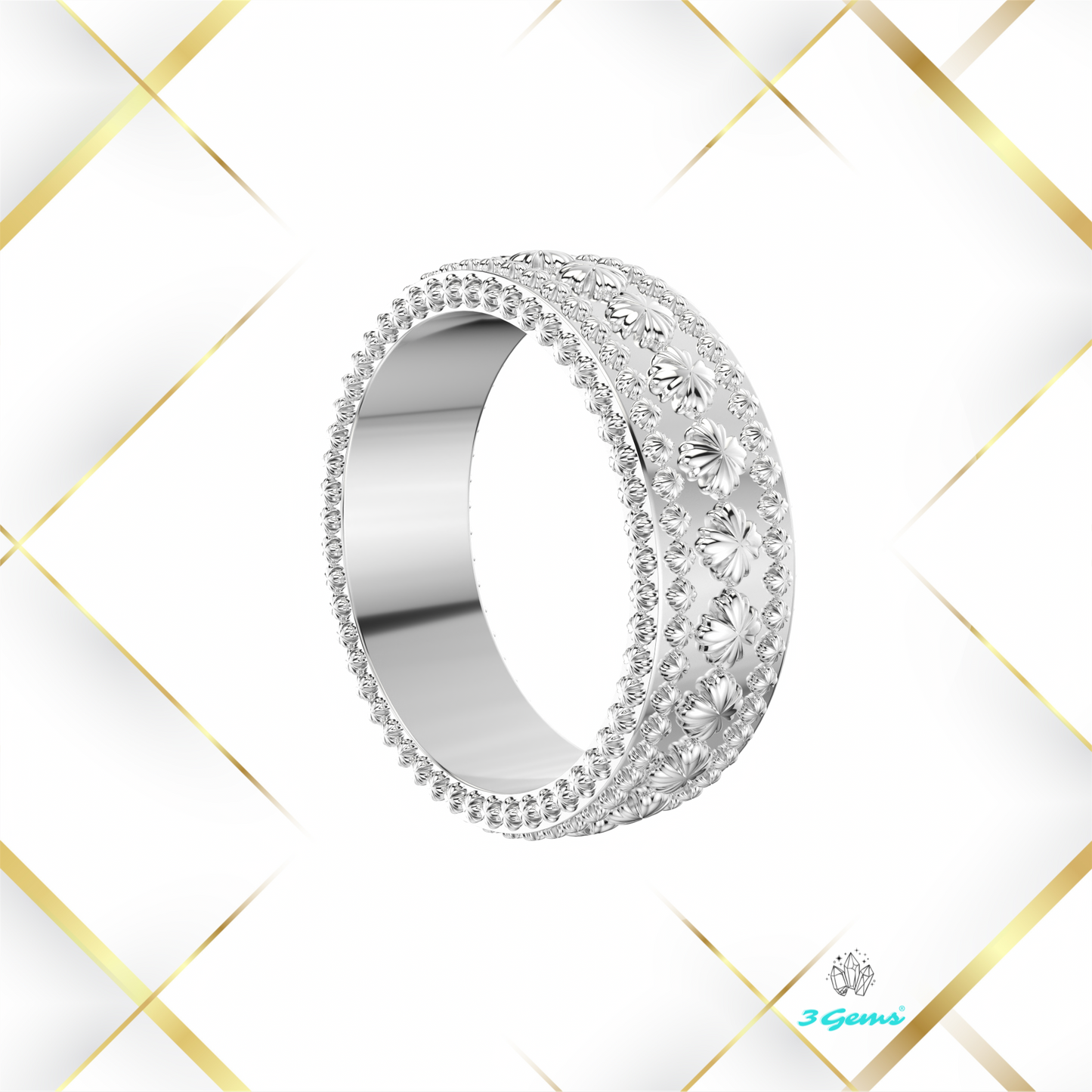 srebrna wersja Clover Ring z subtelnymi zdobieniami – projekt 3Gems