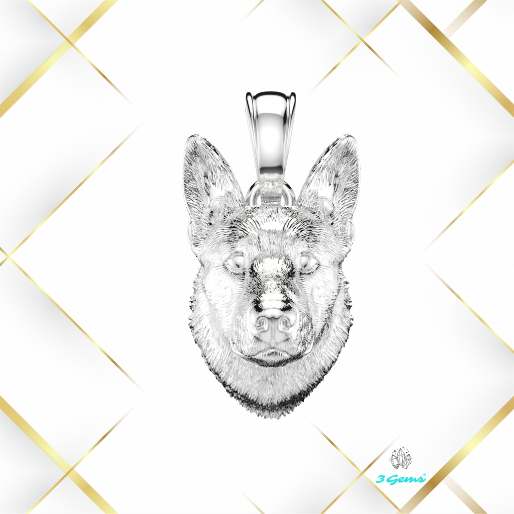 Zdjęcie zawieszki przedstawiającej owczarka niemieckiego – białe złoto 14K, idealny prezent dla miłośnika psów