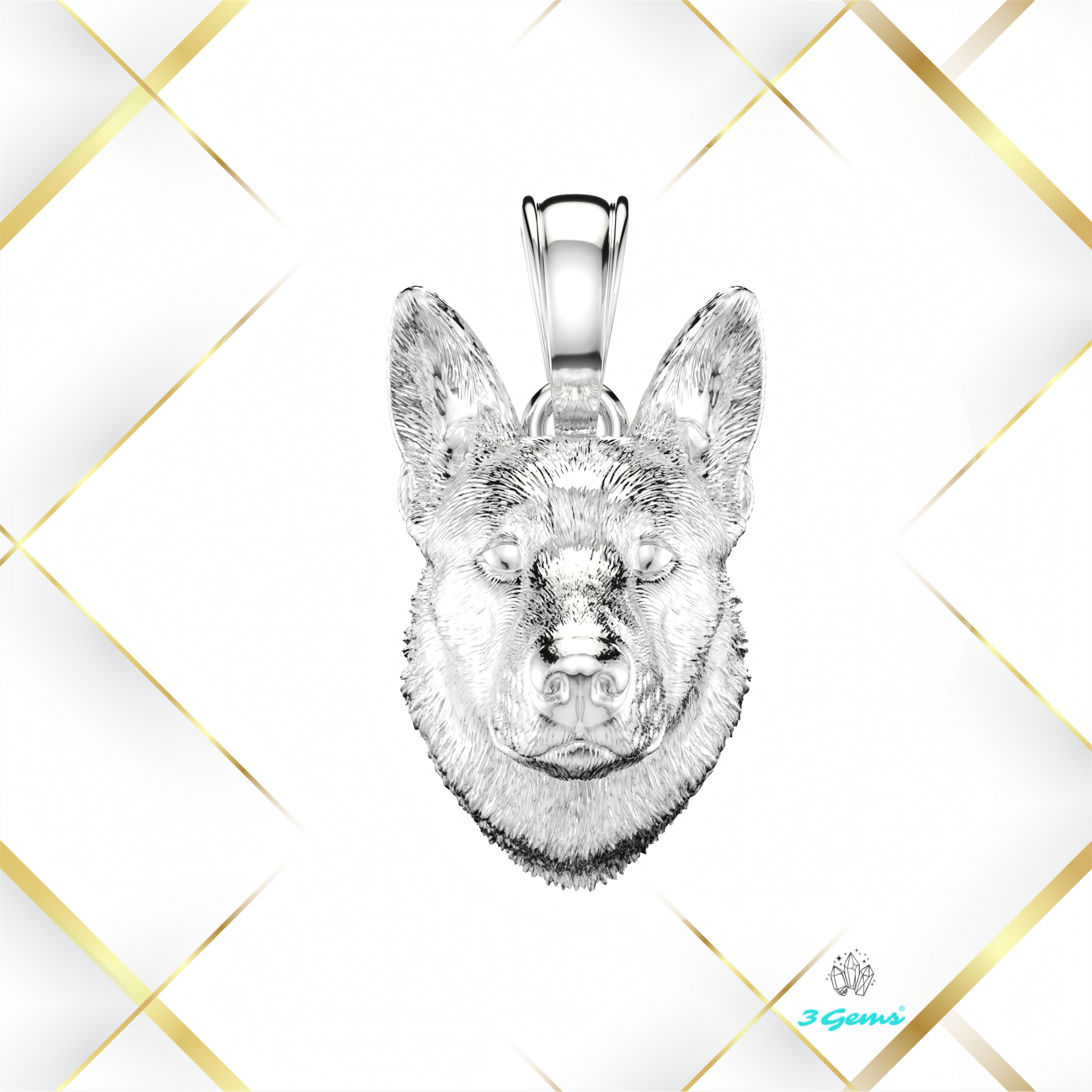 Zdjęcie zawieszki przedstawiającej owczarka niemieckiego – białe złoto 14K, idealny prezent dla miłośnika psów