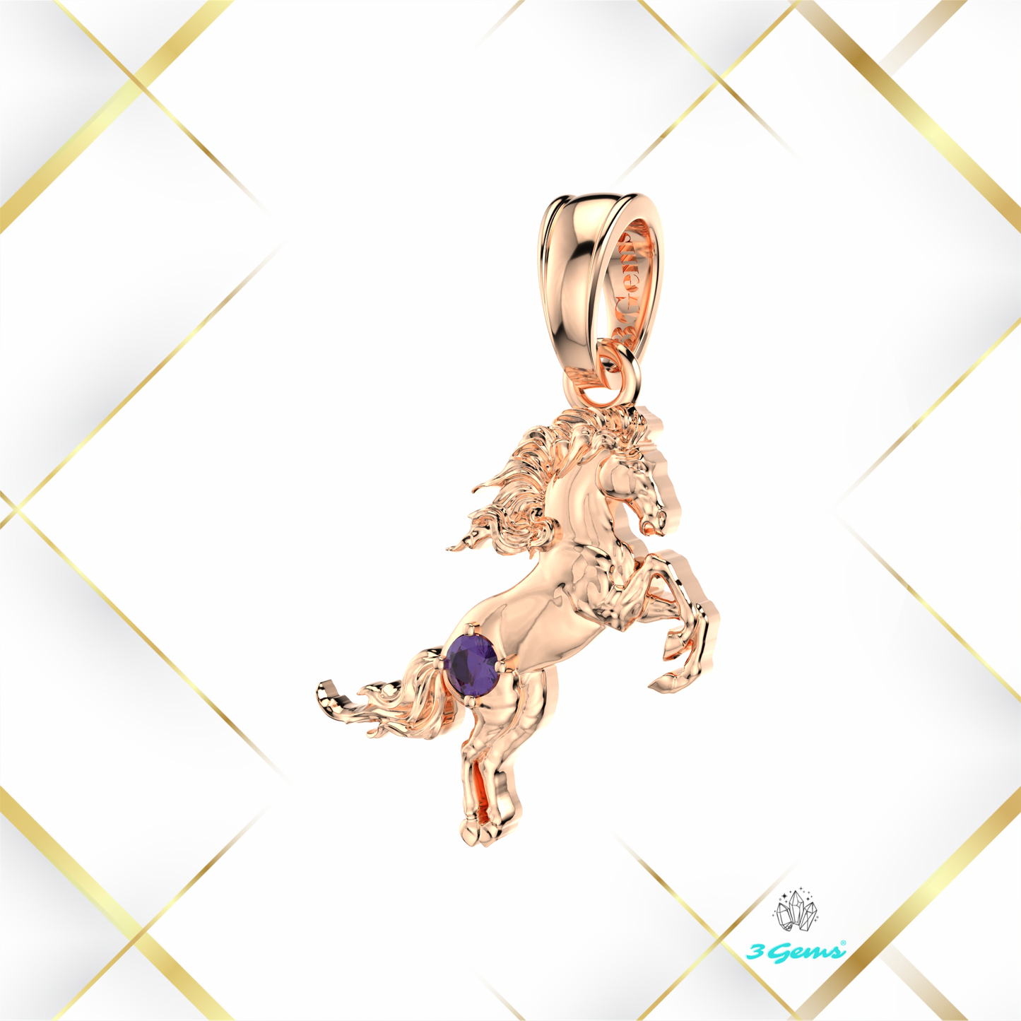 Zdjęcie zawieszki z koniem z różowego złota 14K i ametystem – elegancki prezent z kolekcji 3Gems