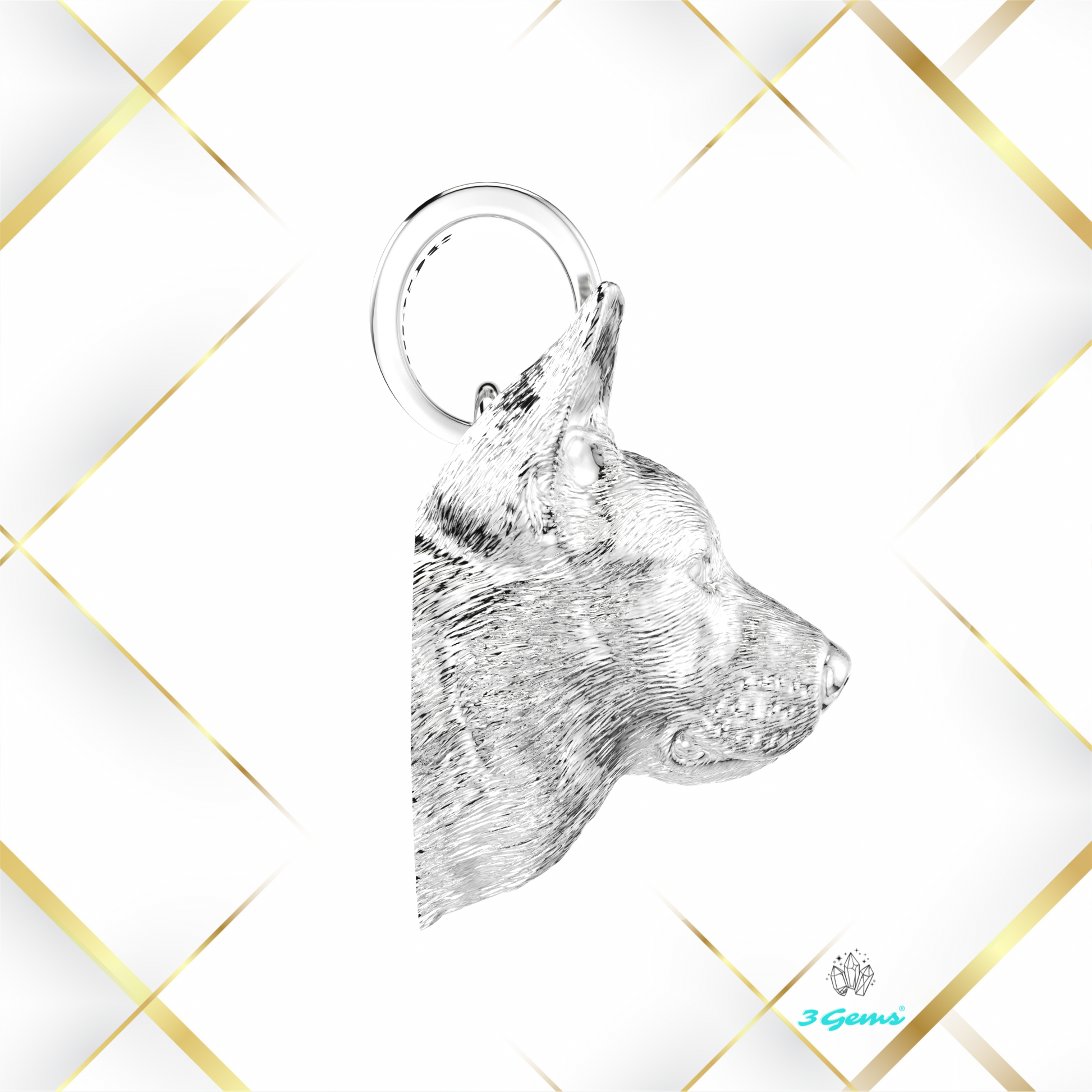 Zdjęcie zawieszki przedstawiającej owczarka niemieckiego – białe złoto 14K, idealny prezent dla miłośnika psów