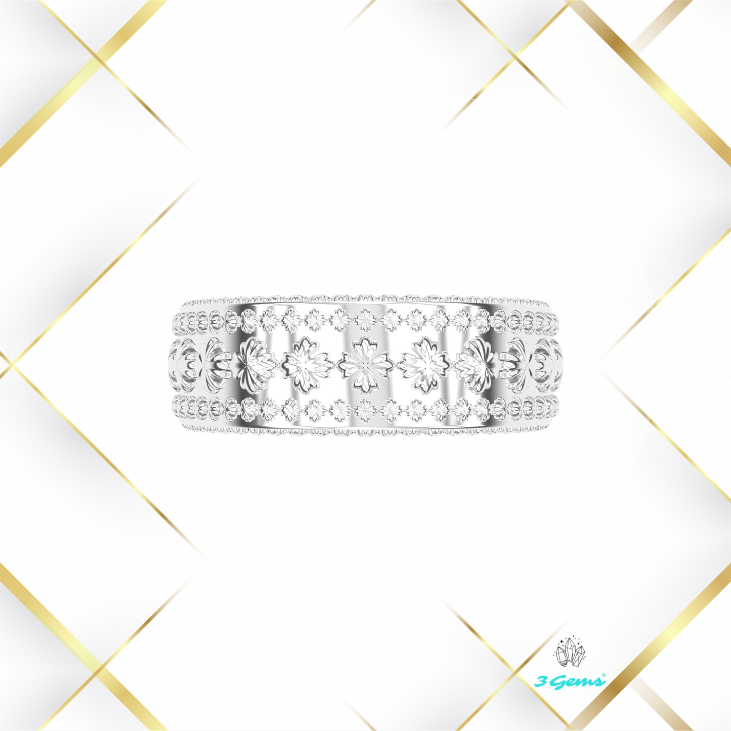 srebrna wersja Clover Ring z subtelnymi zdobieniami – projekt 3Gems
