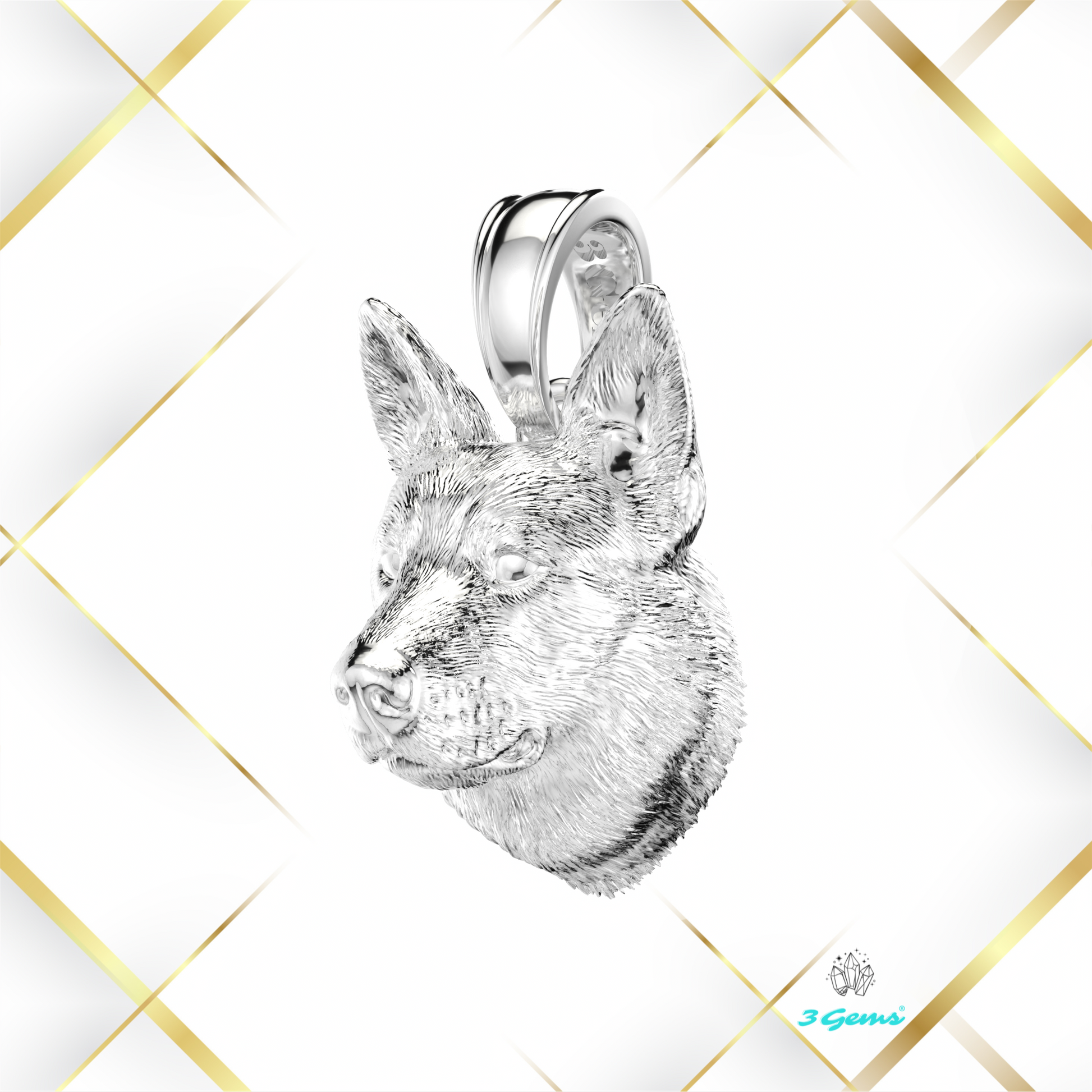 Zdjęcie zawieszki przedstawiającej owczarka niemieckiego – białe złoto 14K, idealny prezent dla miłośnika psów