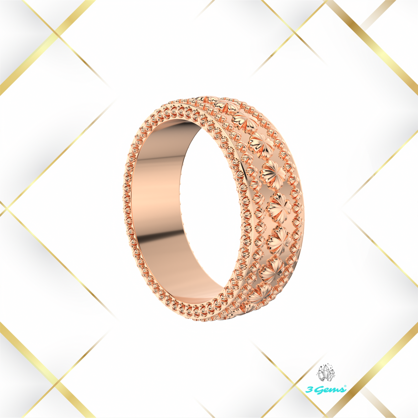 zdjęcie pierścionka Clover Ring z motywem koniczyny w różowym złocie – 3Gems