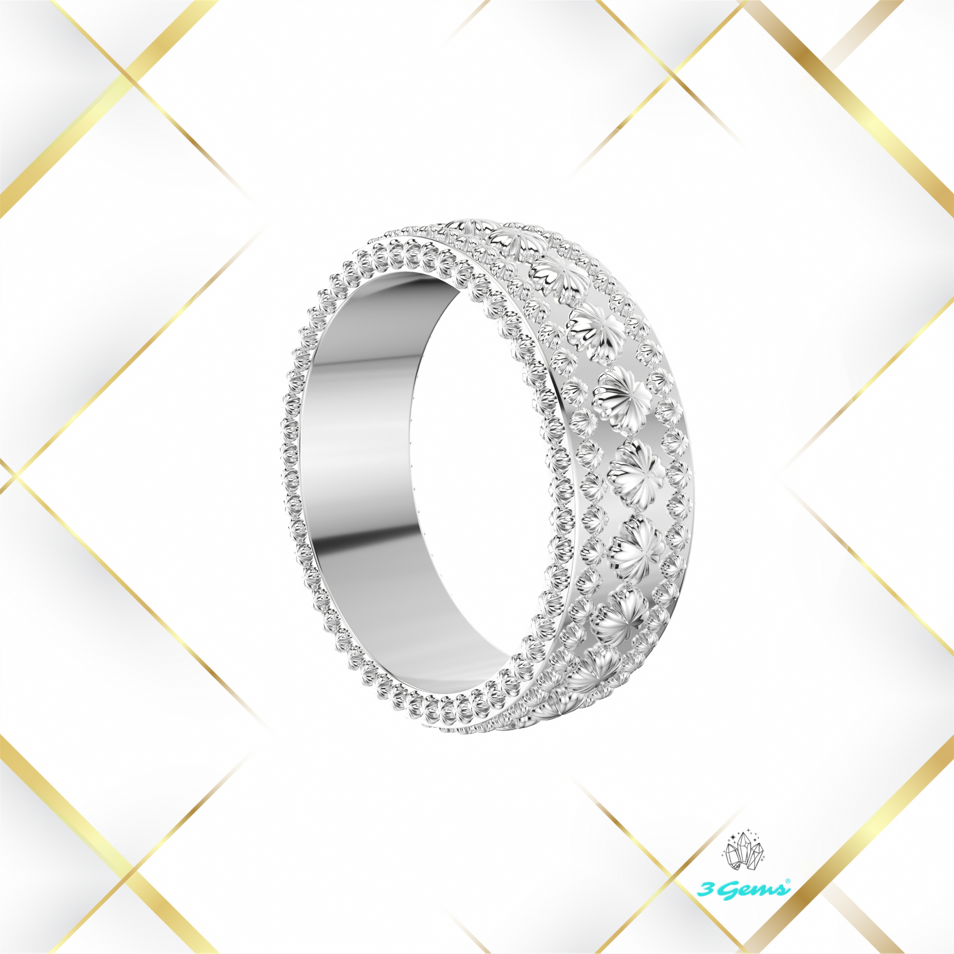 srebrna wersja Clover Ring z subtelnymi zdobieniami – projekt 3Gems