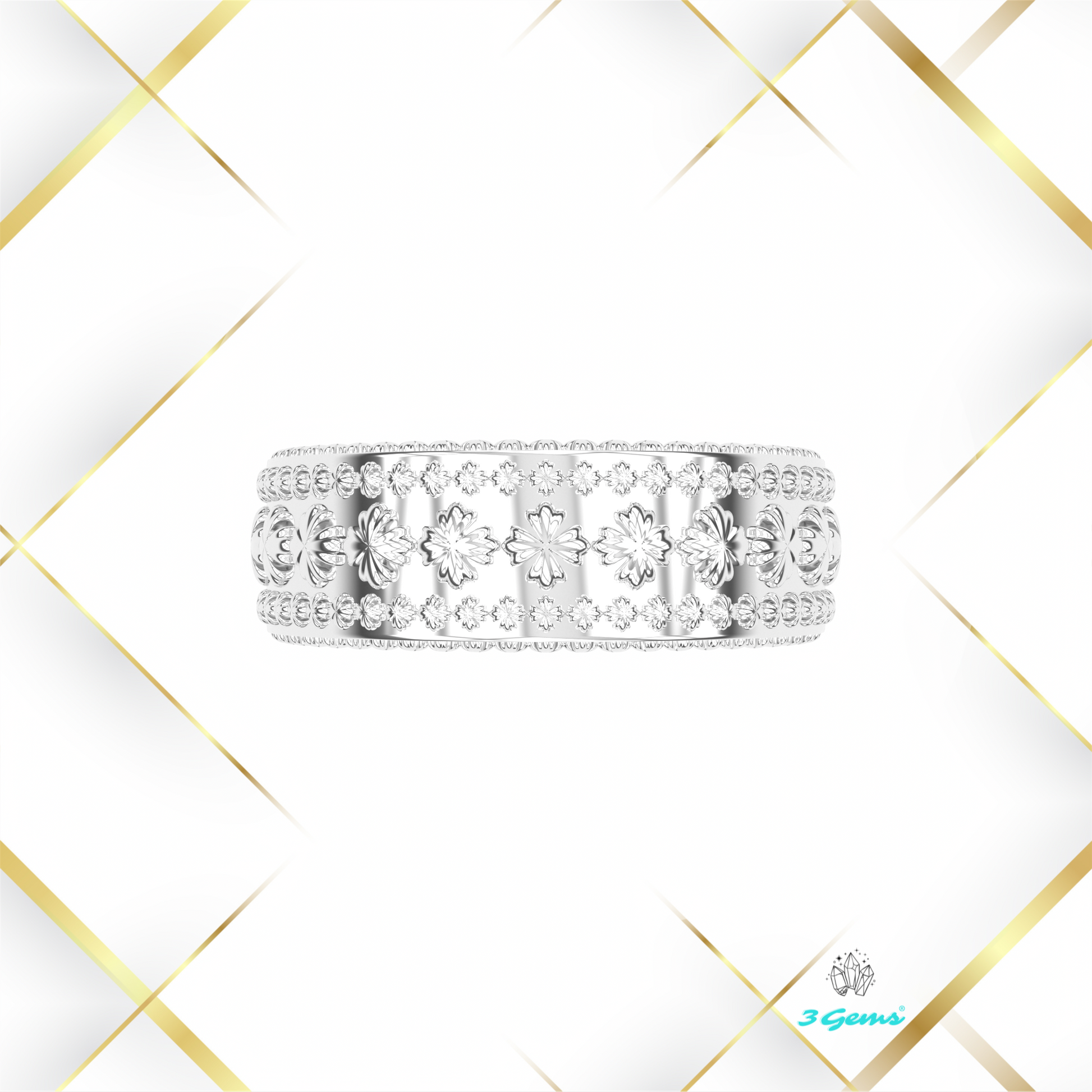 srebrna wersja Clover Ring z subtelnymi zdobieniami – projekt 3Gems